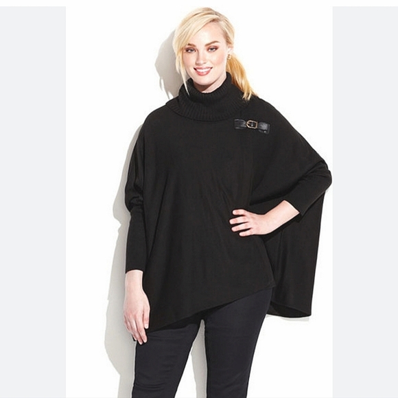 CALVIN KLEIN Black Buckle-Detail Turtleneck Poncho. Size S/M NWT - Picture 1 of 16